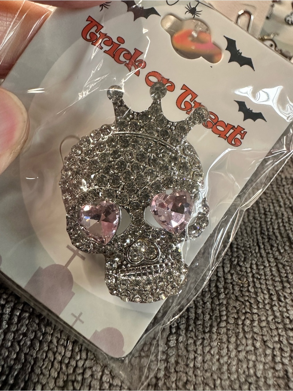 Trick or Treat Rhinestone Skull Brooch with Pink Gem Eyes